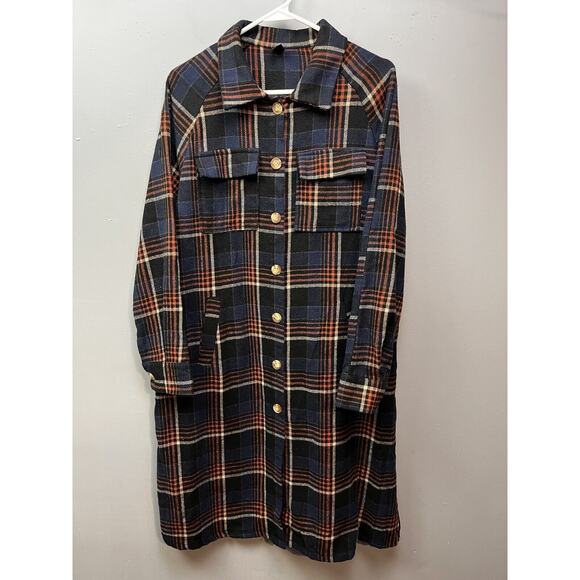 Shein MOOSTA Plaid Pocket Drop Shoulder Flannel Shacket Coat Womens Small Blue - Picture 1 of 9